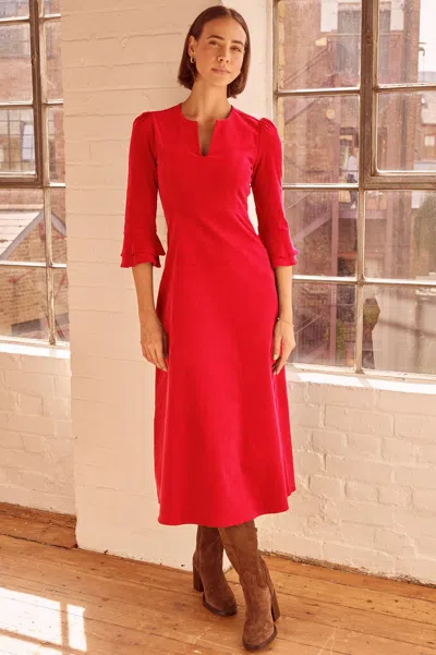 Aspiga Ladies Sustainable Jocelyn V-neck 3/4 Sleeve Corduroy Organic Cotton Dress Red | Xxl/18 - (uk 18/us 