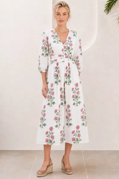 Aspiga Ladies Sustainable Jyoti Cotton Midi Dress In White/pink/green