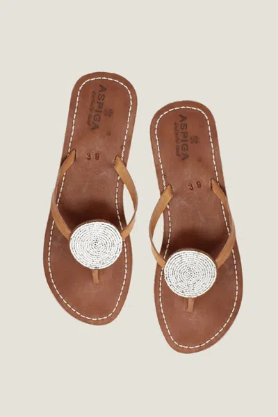 Aspiga Ladies Sustainable Kenyan Beaded Handmade Sandals Leather And Glass White Brown | 40