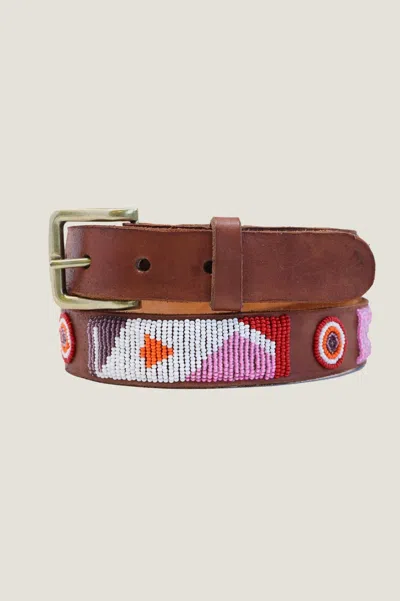 Aspiga Ladies Sustainable Kenyan Beaded Maasai Belt Leather And Glass Beads Pink Red White