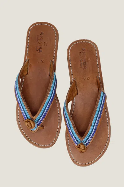 Aspiga Ladies Sustainable Kenyan Beaded Tanzi Sandals Leather And Glass Beads Blue Summer Holiday Flip Flop In Animal Print