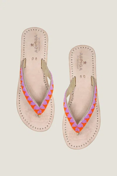Aspiga Ladies Sustainable Kenyan Beaded Ziggy Sandals Leather And Glass Beads Sandals Orange/lilac Summer F In Multi