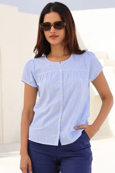 Aspiga Ladies Sustainable Lisbon Stripe Dobby Organic Cotton Summer Blouse | M/12 - (uk 12/us 8/eu 40) In Blue