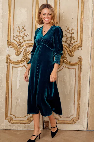 Aspiga Ladies Sustainable Long Sleeve Velvet Sally Anne Dress Teal Blue | Xl/16 - (uk 16/us 12/eu 44) | Reg In Green