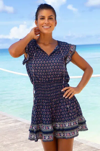 Aspiga Ladies Sustainable Macy Dress Mini Organic Cotton Summer Holiday Beach Cover Up Primrose Floral Stam In Blue