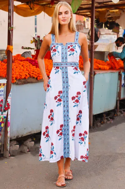 Aspiga Ladies Sustainable Margaritte Block Print Organic Cotton Summer Wedding Guest Midi Dress In Multi