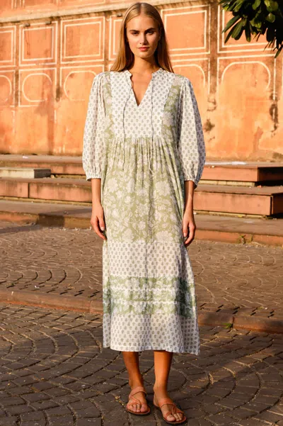 Aspiga Ladies Sustainable Martha Organic Cotton Sage Print Mix Midi Long Sleeve Summer Dress | S/10 - (uk 1 In White