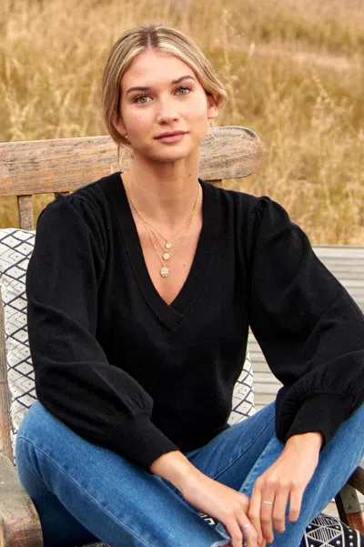 Aspiga Ladies Sustainable Merino Cashmere Blend V-neck Jumper Black Balloon Sleeve | M/12 - (uk 12/us 8/eu 