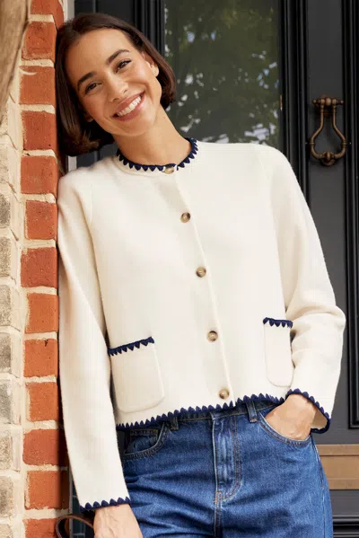 Aspiga Ladies Sustainable Merino Wool Blanket Stitch Cardigan Cream Navy Blue | L/14 - (uk 14/us 10/eu 42) In White