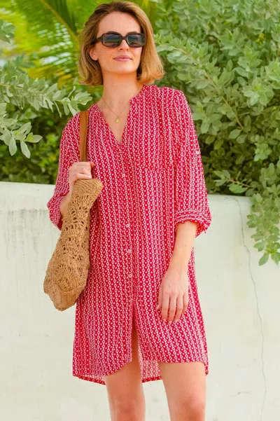Aspiga Ladies Sustainable Mila Shirt Tunic Dress Viscose Santorini Pattern Summer Beach Holiday Cover Up Re In Red