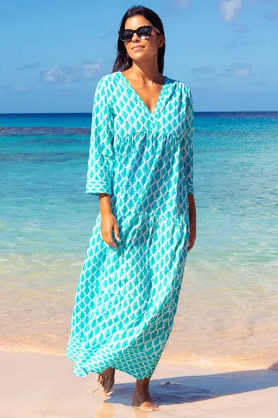 Aspiga Ladies Sustainable Mykonos Maxi Dress Organic Cotton Summer Holiday Beach Cover Up Turquoise White | In Blue