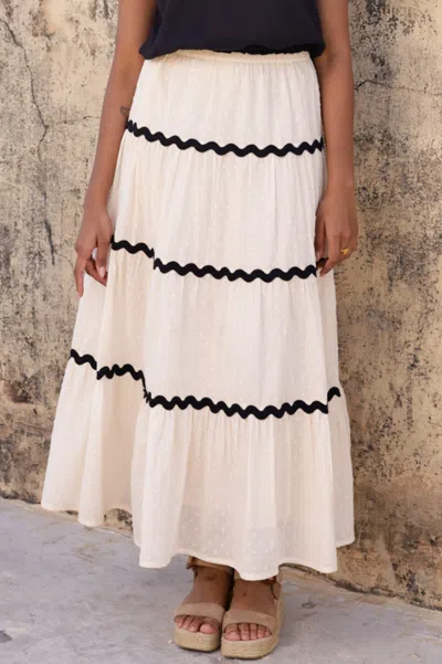 Aspiga Ladies Sustainable Organic Cotton Dobby Ric Rac Skirt Vintage Cream And Black Stripes Summer Holiday In Pink