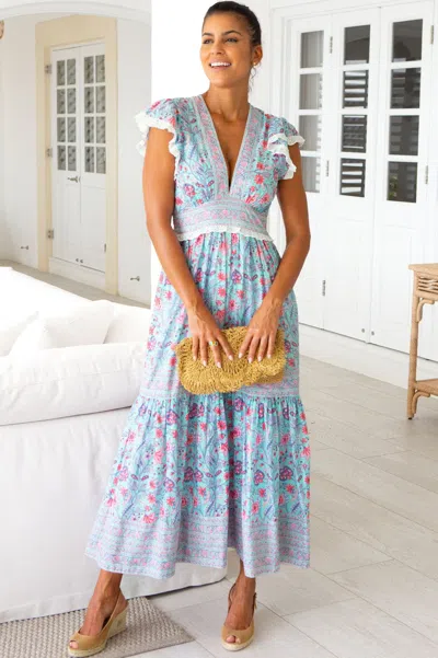 Aspiga Ladies Sustainable Pippa Block Print Organic Cotton Summer Holiday Wedding Guest Evening Dress Flora In Blue