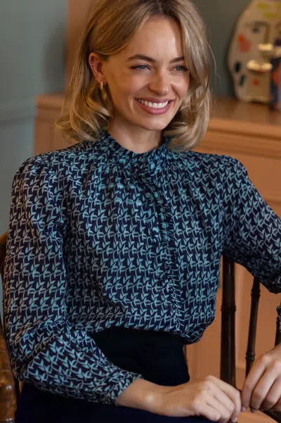 Aspiga Ladies Sustainable Printed Frill Collar Blouse In Navy Ice Blue Professional Wear