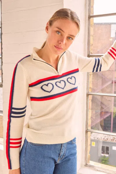 Aspiga Ladies Sustainable Quarter Zip Jumper Merino Wool Stripe Hearts Cream Red Navy | L/14 - (uk 14/us 10 In Blue
