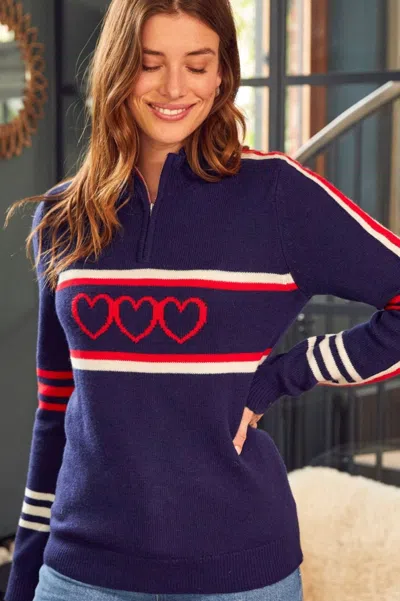 Aspiga Ladies Sustainable Quarter Zip Jumper Merino Wool Stripe Hearts Navy Cream Red | M/12 - (uk 12/us 8/ In Blue