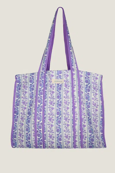 Aspiga Ladies Sustainable Quilted Block Print Tote Bag Linear Floral Summer Beach Botanical Blue Purple | O