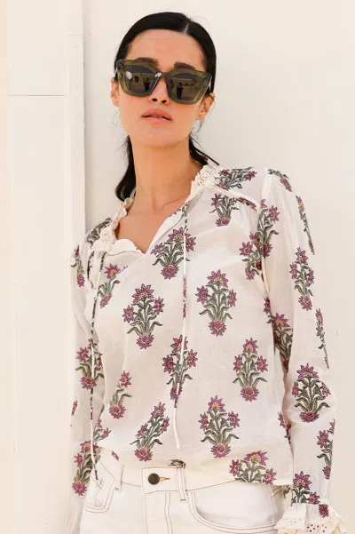 Aspiga Ladies Sustainable Rosie Cotton Blouse Floral Block Print Broderie Lace Trim Cream Red Green | Xs/8  In Neutral