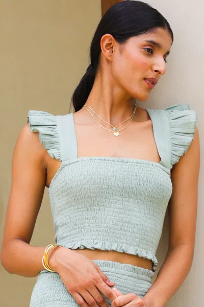 Aspiga Ladies Sustainable Shirred Bryony Cheesecloth Top Cotton Summer Holiday Light Khaki Co Ord | M/12 -  In Green