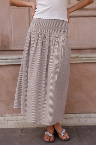 Aspiga Ladies Sustainable Stripe Dropped Waist Skirt Casual Chocolate White In Multi