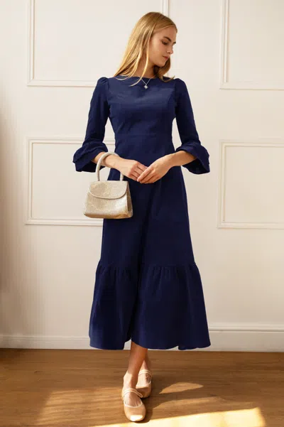 Aspiga Ladies Sustainable Victoria Round Neck 3/4 Sleeve Stretch Corduroy Cotton Winter Wedding Guest Eveni In Blue