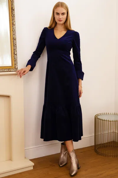 Aspiga Ladies Sustainable Victoria V-neck Long Sleeve Stretch Cotton Winter Wedding Guest Evening Corduroy  In Blue
