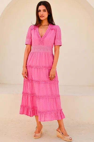 Aspiga Ladies Sustainable Viola Cotton Pink V-neck Short Sleeve Dress Summer Holiday Wedding Dress | Xs/8 -