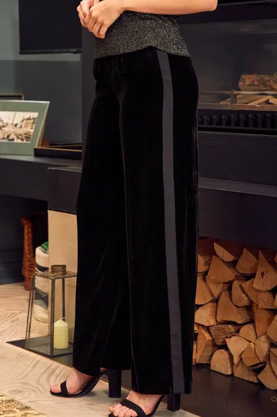Aspiga Ladies Sustainable Viscose Velvet Side Stripe Wide Leg Trousers Elasticated Waistband Black In Multi