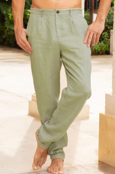 Aspiga Men's Sustainable Linen Full Length Relaxed Trousers Summer Holiday Green | L