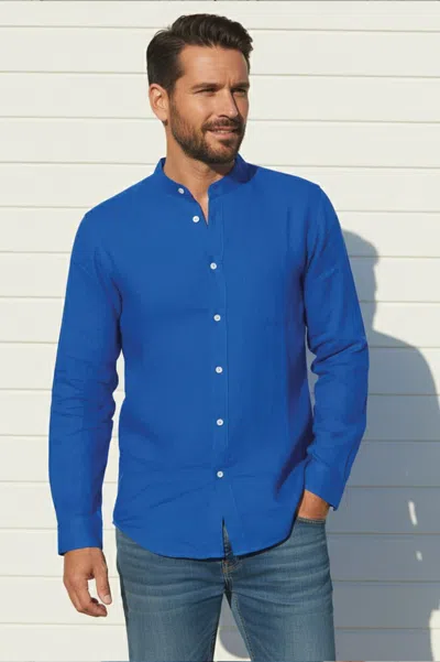 Aspiga Men's Sustainable Linen Nehru Collar Premium Linen Shirt Cobalt Blue Summer Holiday | L
