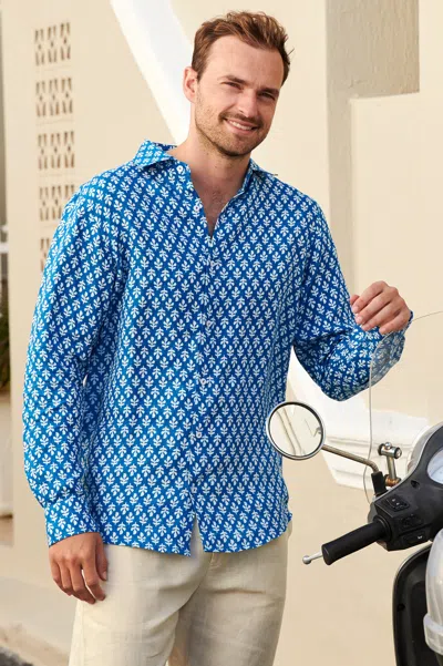 Aspiga Men's Sustainable Premium Linen Men's Printed Shirt Trident Pattern Summer Holiday Marina Blue/white