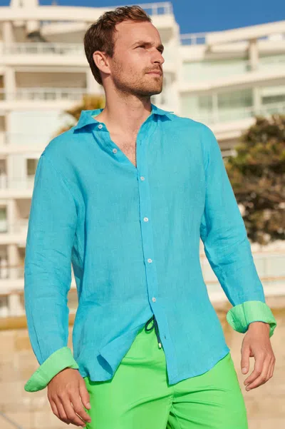 Aspiga Men's Sustainable Premium Linen Premium Linen Shirt Plain Turquoise Blue Summer Holiday