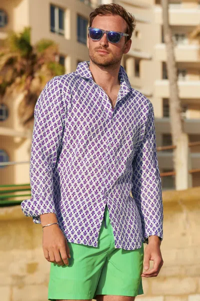 Aspiga Men's Sustainable Premium Linen Printed Shirt Trident Pattern Summer Holiday White/purple S-xxl | L In Blue
