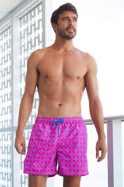 Aspiga Men's Sustainable Recycled Swim Short Summer Beach Holiday Geo Pattern Pink/blue | M In Multi