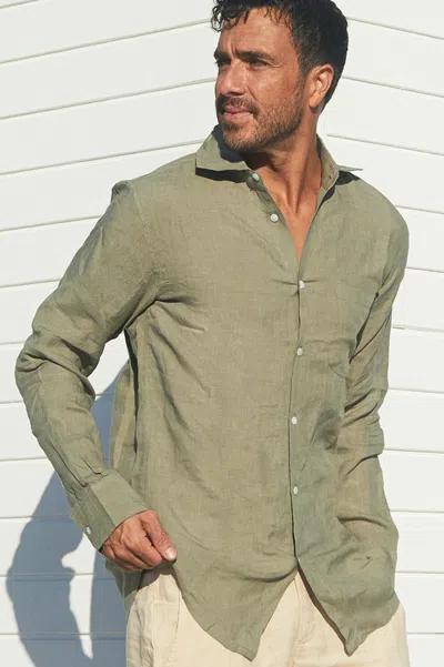 Aspiga Mens Sustainable Flax Linen Button-up Shirt Summer Holiday Khaki | S In Green