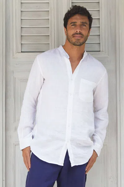Aspiga Mens Sustainable Linen Nehru Collar Holiday Shirt White Summer Holiday | Xxl
