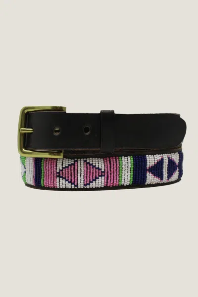 Aspiga Sustainable Kenyan Beaded Belt Leather And Glass Beads Diamond Green White Pink Summer | 42 In Black