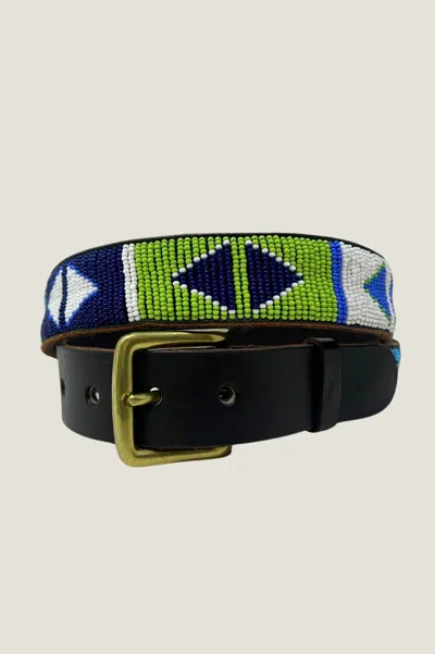 Aspiga Sustainable Kenyan Beaded Belt Leather And Glass Beads Green Blue Triangle | 38 In Multi