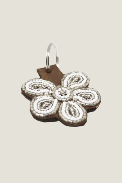 Aspiga Sustainable Kenyan Beaded Flower Keyring Leather And Glass White Silver Gifting | One Size Size