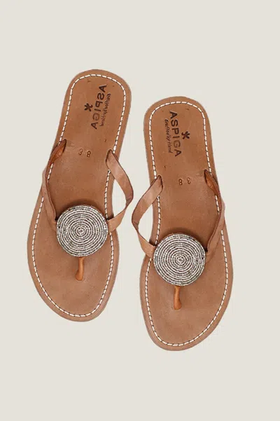 Aspiga Sustainable Kenyan Beaded Handmade Sandals Leather And Glass Silver Size 36 - 41 | 40 In Brown