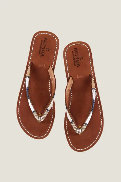 Aspiga Sustainable Kenyan Beaded Naisha Sandals Leather And Glass Beaded White Silver Stripe | 42 In Brown