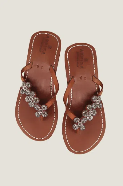 Aspiga Sustainable Kenyan Beaded Tatu Sandals Leather And Glass Beaded Floral Silver Summer Holiday Flip Fl In Gray