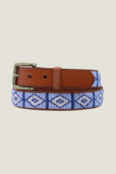 Aspiga Sustainable Kenyan Fully Beaded Belt Leather And Glass Beads Triangle Sky Blue White In Brown