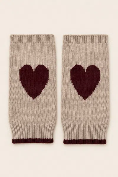 Aspiga Sustainable Ladies Merino Wool Fingerless Heart Gloves Oat/bugundy