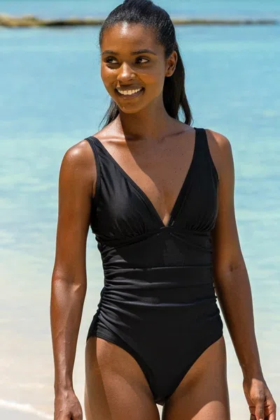 Aspiga Sustainable Ladies Recycled Nylon V-neck Ruched Swimsuit Adjustable Straps Black | M/12 - (uk 12/us 