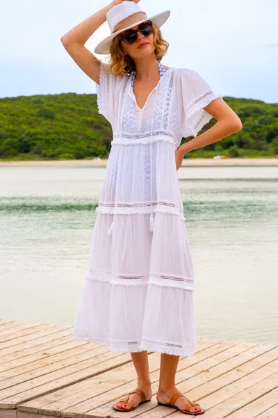 Aspiga Sustainable Ladies Summer Malaya Kaftan Dress White With V Neck And Pom-pom Trim | Xl/16 - (uk 16/us