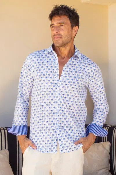 Aspiga Sustainable Mens Shirt Summer Holiday 100% Organic Cotton Palm White Blue
