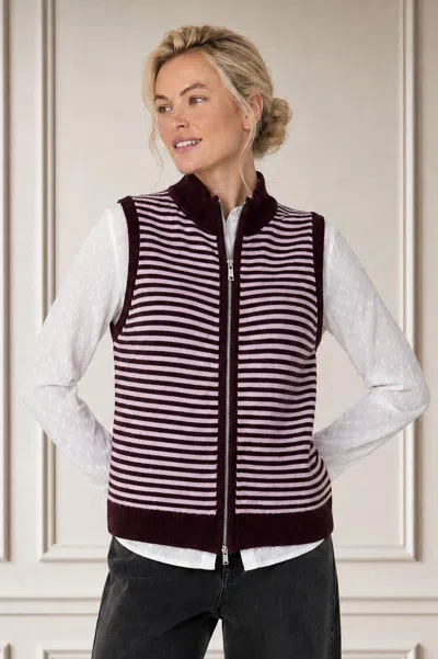 Aspiga , Sustainable Merino Wool Stripe Zip Through Gilet, Burgundy/pink White, Autumn Layering In Multi
