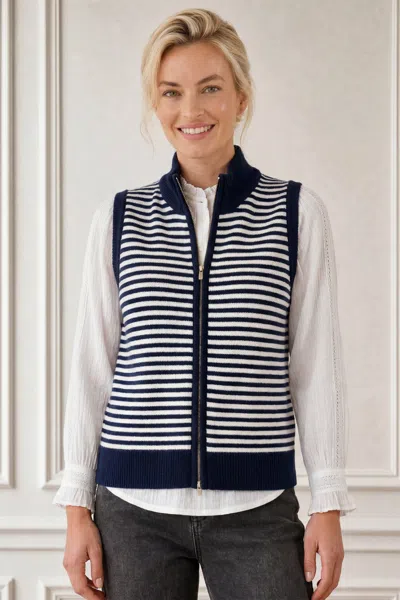 Aspiga , Sustainable Merino Wool Stripe Zip Through Gilet, Navy Off White, Autumn Layering