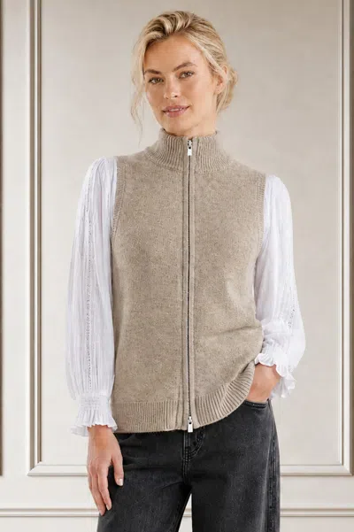 Aspiga , Sustainable Merino Wool Stripe Zip Through Gilet, Taupe Autumn Layering In Multi